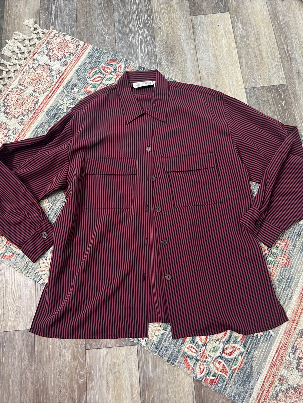 Impressions of California M Burgundy/Black Striped Long Sleeve Button-Up